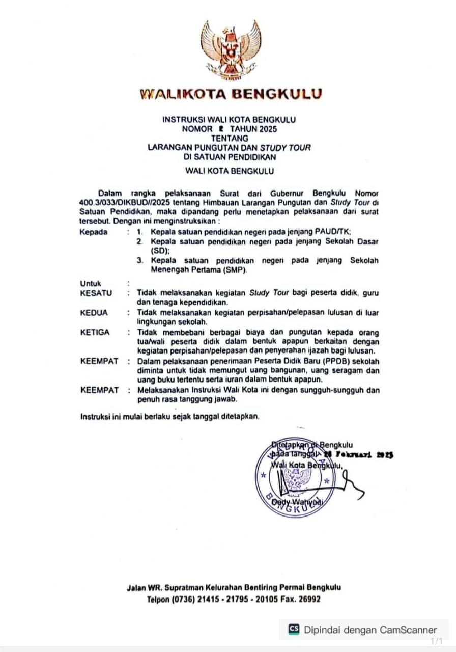 Efisiensi Anggaran, Bengkulu Larang Study Tour dan Perpisahan