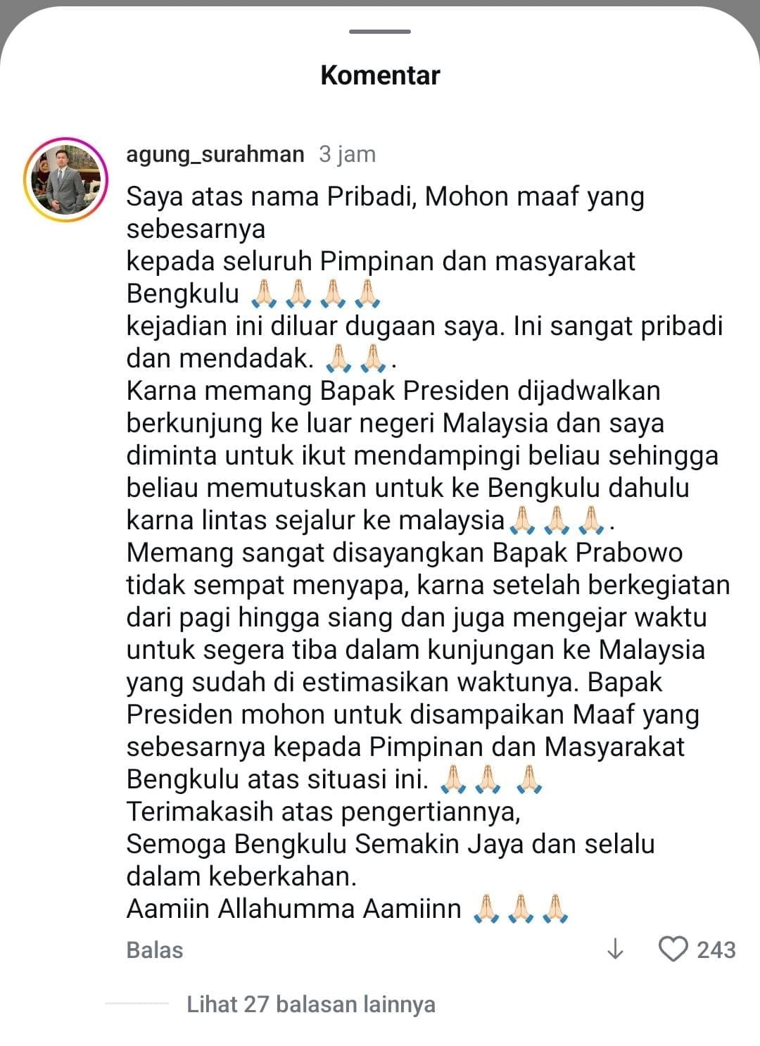 Tangkapan layar akun ig @agung_surahman di akun ig @bengkuluinfo
