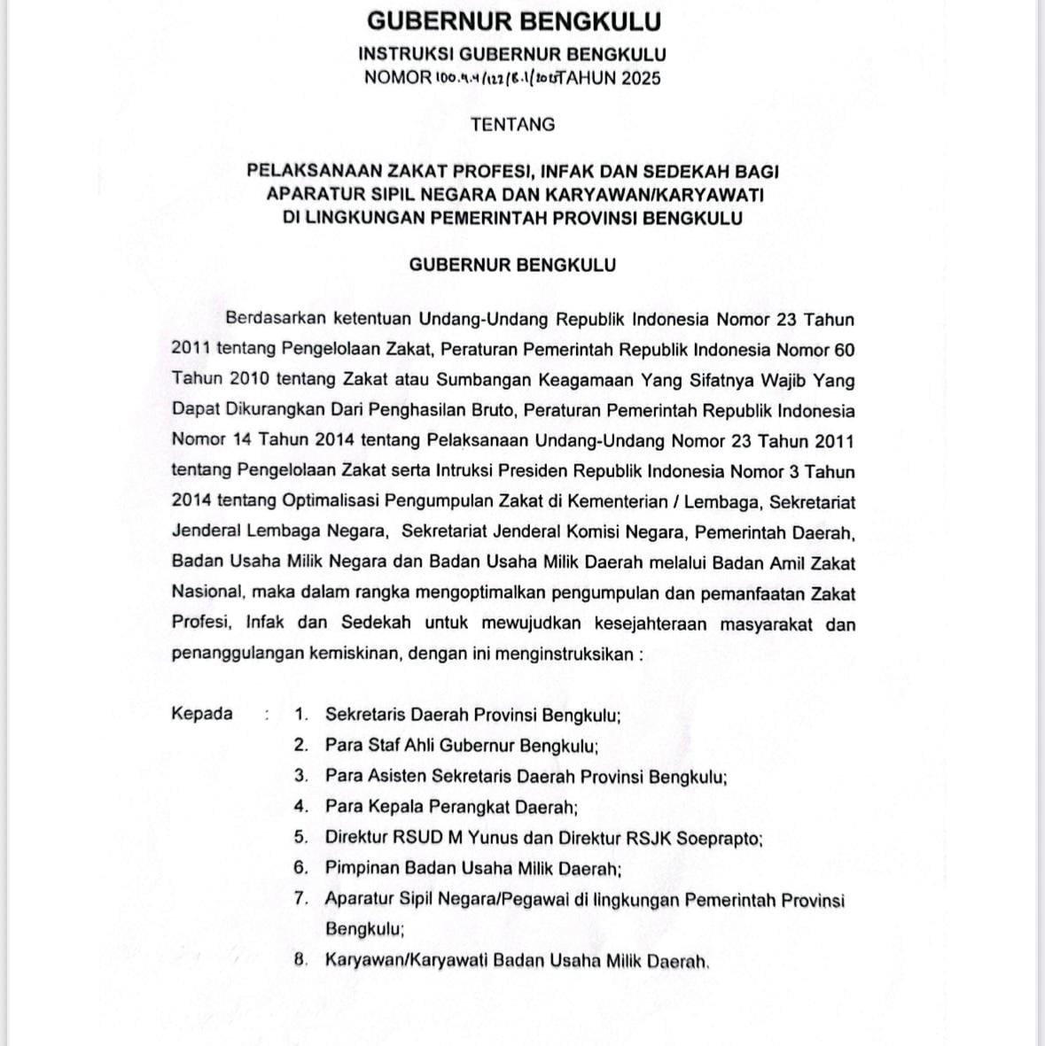 Gubernur Bengkulu Instruksikan Seluruh Pegawai Pemprov Bayar Zakat Profesi, Infak, dan Sedekah