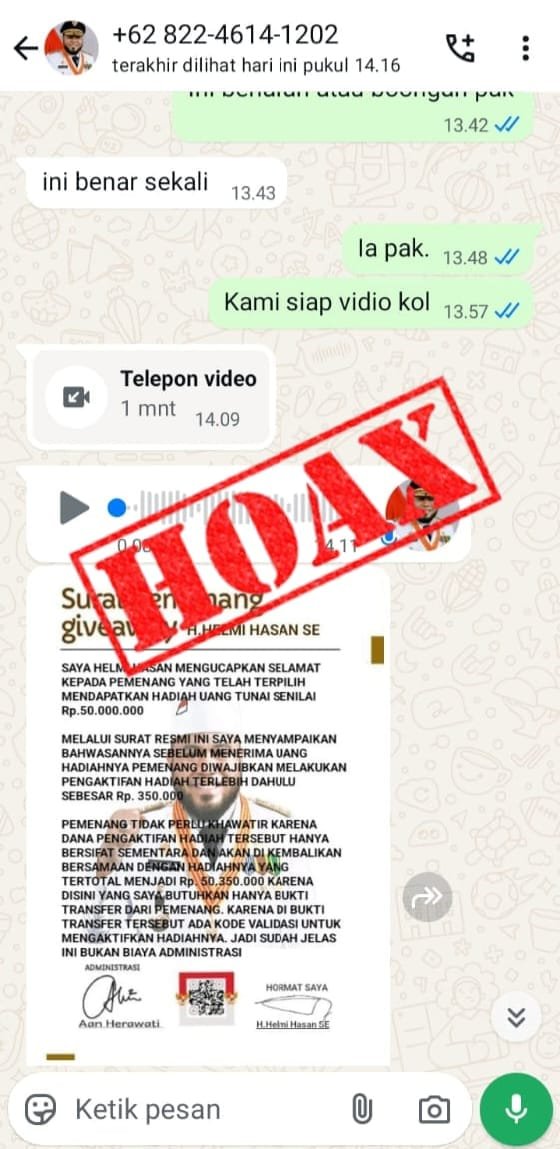 Gubernur Helmi Hasan Pastikan Pesan WA Giveaway Rp50 Juta Adalah Penipuan