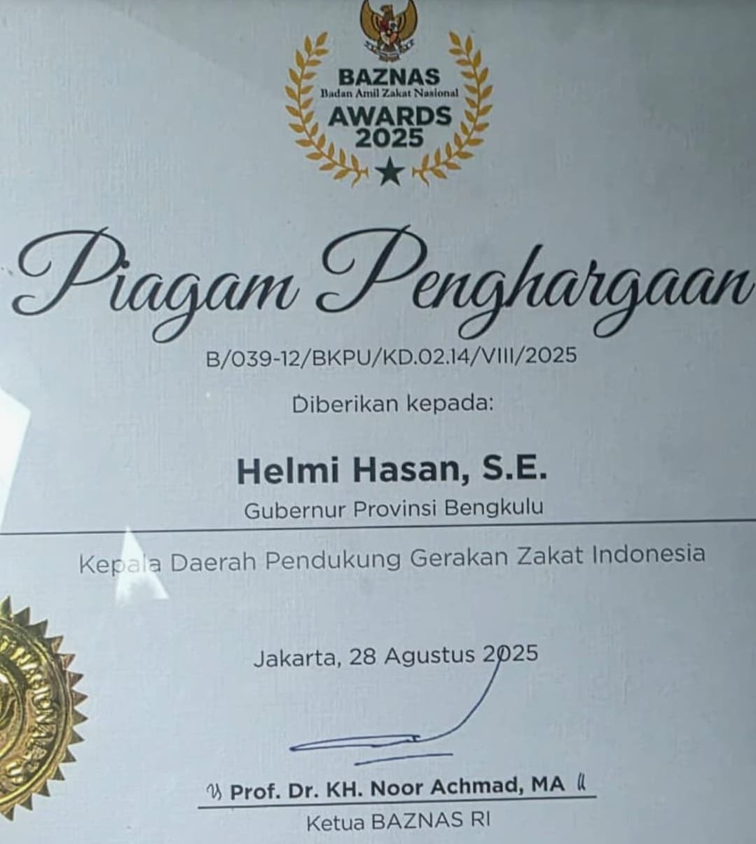 Gubernur Bengkulu Torehkan Prestasi, BAZNAS Nobatkan Pendukung Utama Gerakan Zakat