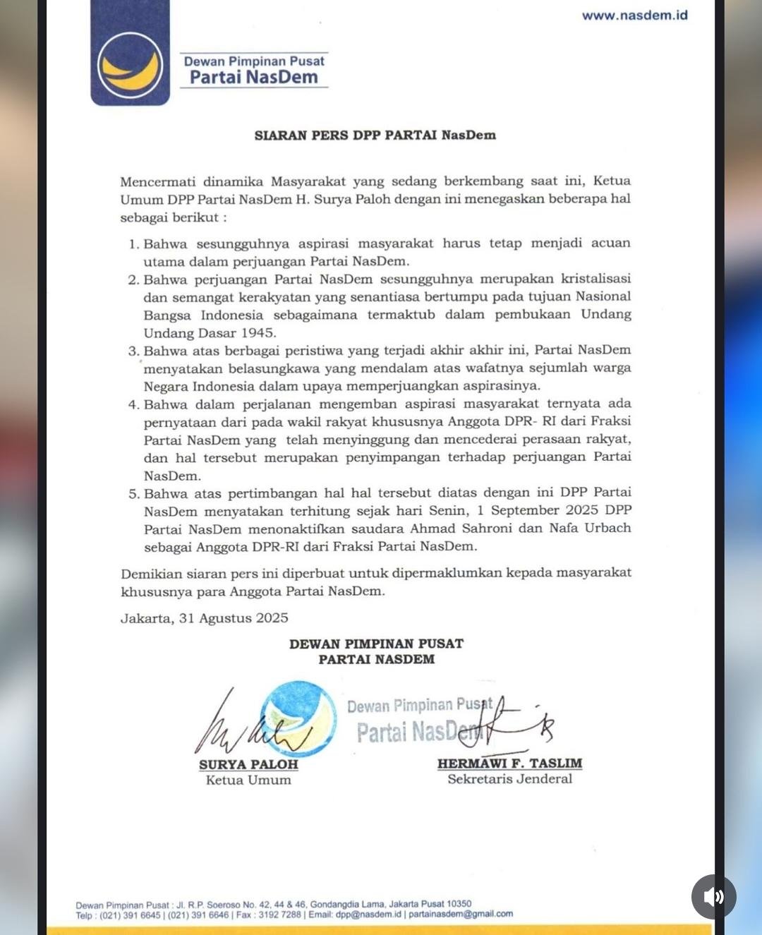 Geger! Dua Anggota DPR RI dari NasDem Dinonaktifkan