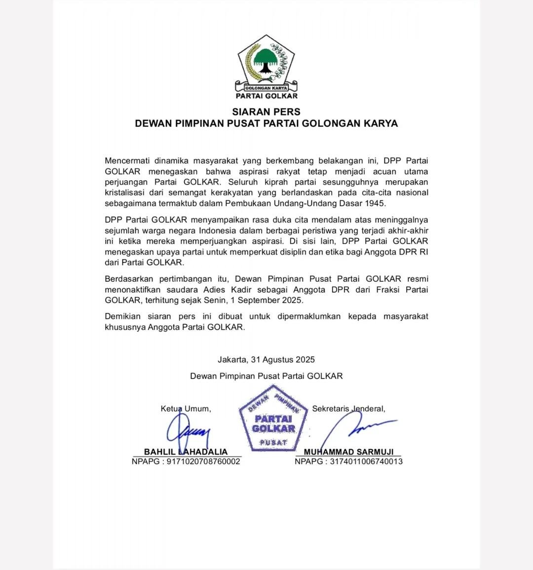 Golkar Ikuti Langkah NasDem dan PAN, Nonaktifkan Adies Kadir dari DPR RI