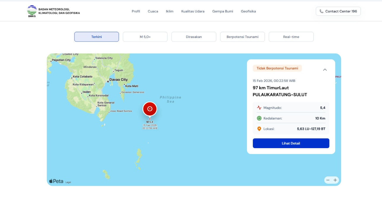 Gempa Magnitudo 5,4 Guncang Timur Laut Pulau Karatung, Tidak Berpotensi Tsunami
