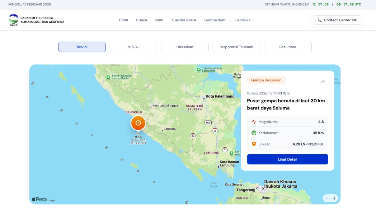 Gempa Magnitudo 4,8 Guncang Barat Daya Seluma, Dirasakan Hingga Kota Bengkulu