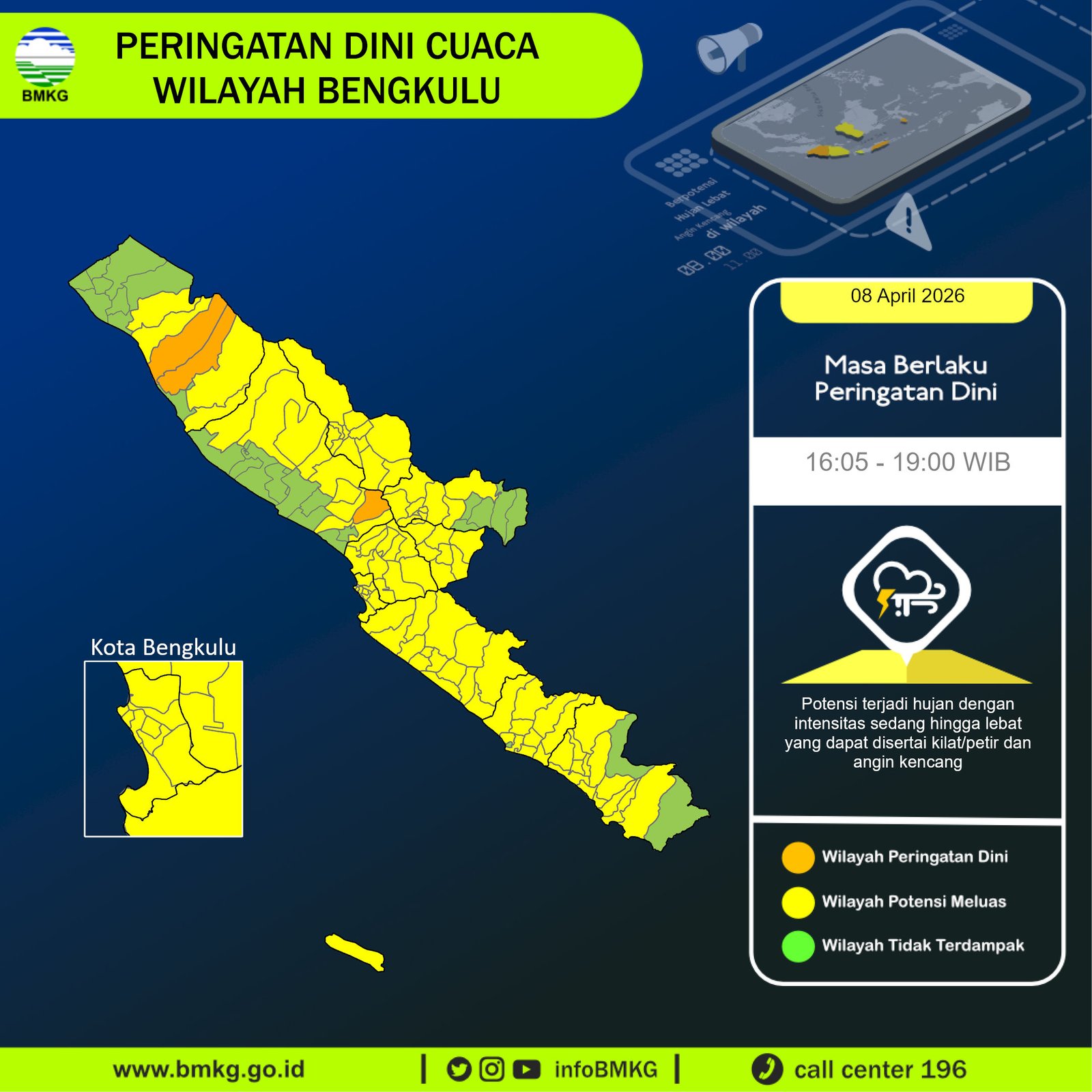 BMKG Keluarkan Peringatan Cuaca Bengkulu, Hujan Lebat Disertai Petir Hingga Malam 8 April 2026 BMKG Keluarkan Peringatan Cuaca Bengkulu, Hujan Lebat Disertai Petir Hingga Malam 8 April 2026