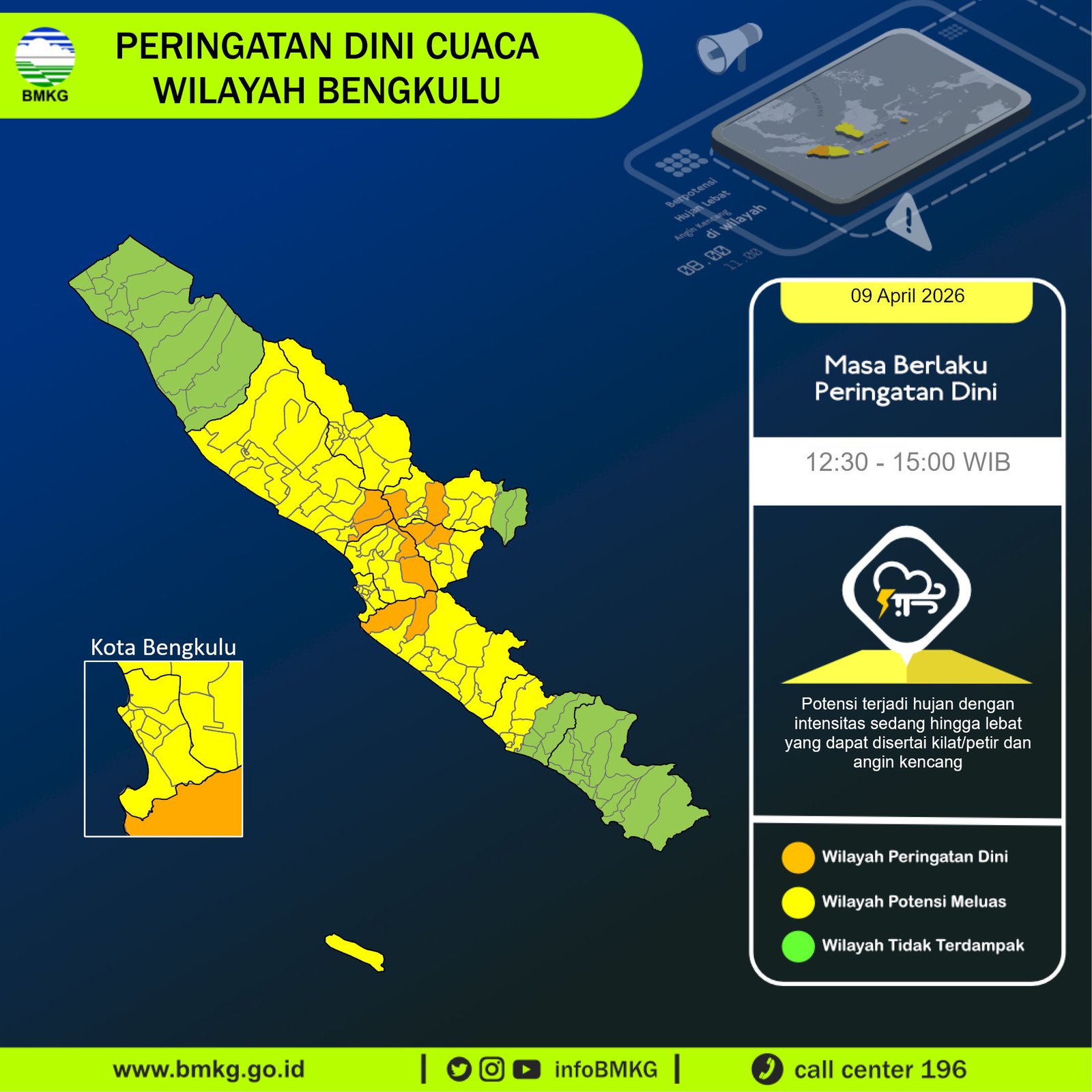 BMKG Keluarkan Peringatan Dini Cuaca Bengkulu, Warga Diminta Waspada Hujan Lebat hingga Angin Kencang pada 9 April 2026