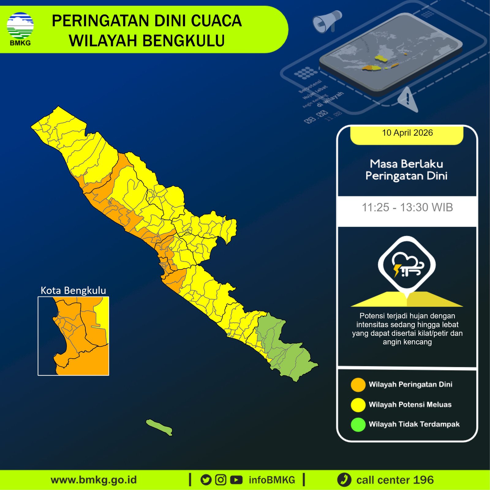 BMKG Keluarkan Peringatan Dini, Hujan Lebat Disertai Petir Berpotensi Guyur Bengkulu 10 April 2026
