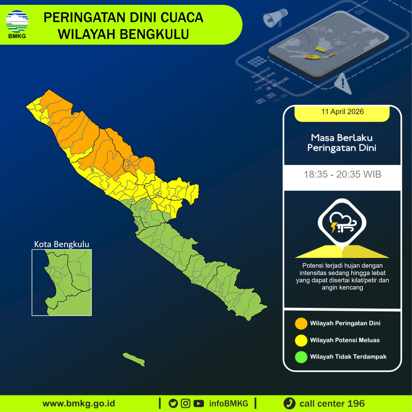BMKG Rinci Wilayah Terdampak Hujan Lebat Bengkulu, Lebong hingga Mukomuko Siaga Malam Ini 11 April 2026
