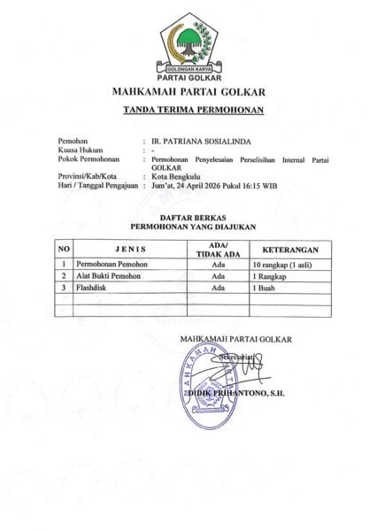 Musda Golkar Bengkulu Disebut Cacat Hukum, Sengketa Bergulir di Mahkamah Partai