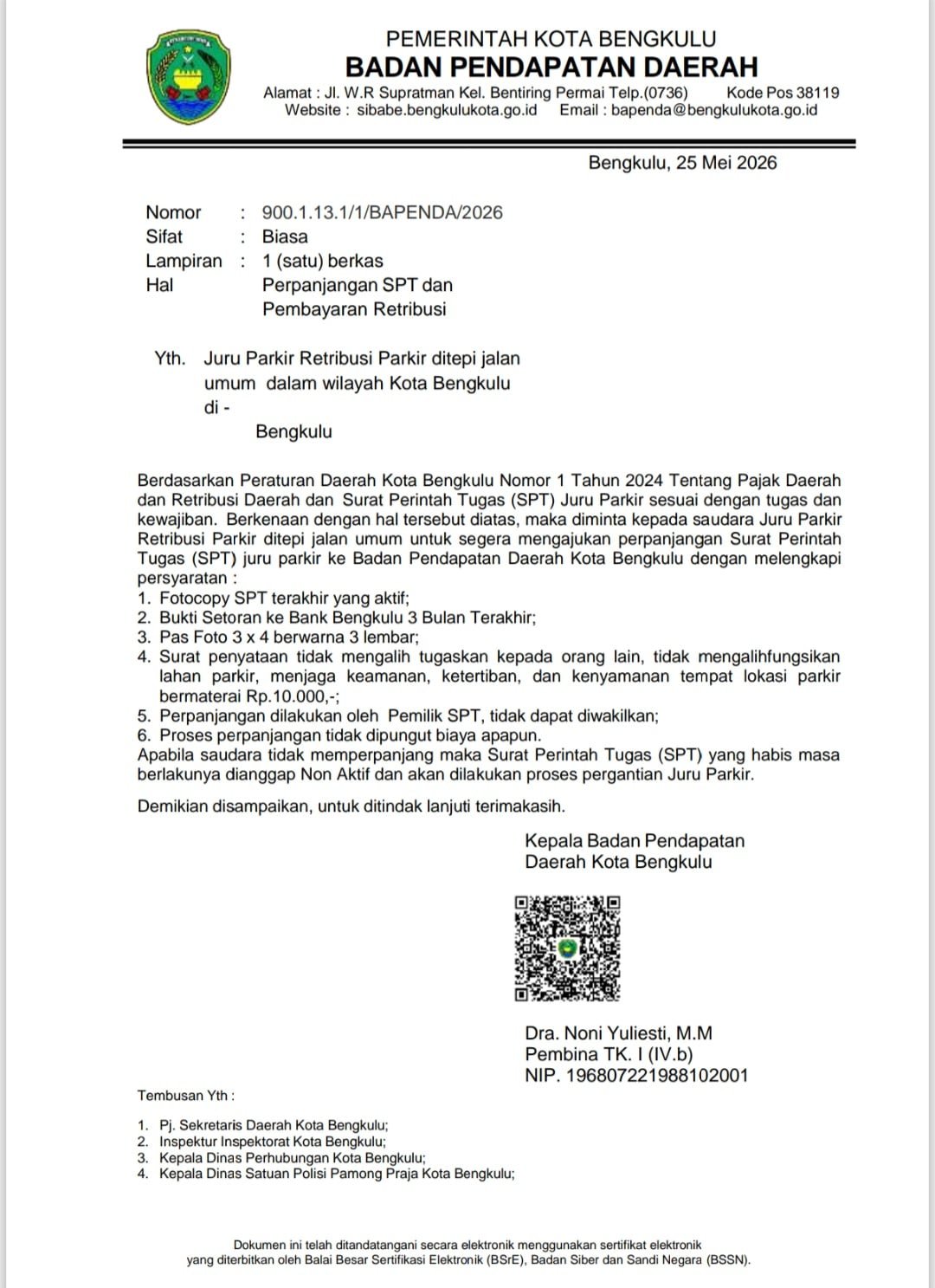 Bapenda Bengkulu Wajibkan Jukir Perpanjang SPT, Pengurusan Gratis dan Tak Bisa Diwakilkan Bapenda Bengkulu Wajibkan Jukir Perpanjang SPT, Pengurusan Gratis dan Tak Bisa Diwakilkan