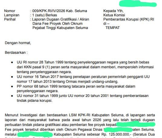 LSM KPK RI Laporkan Dugaan Fee Proyek di Seluma, KPK Mulai Verifikasi