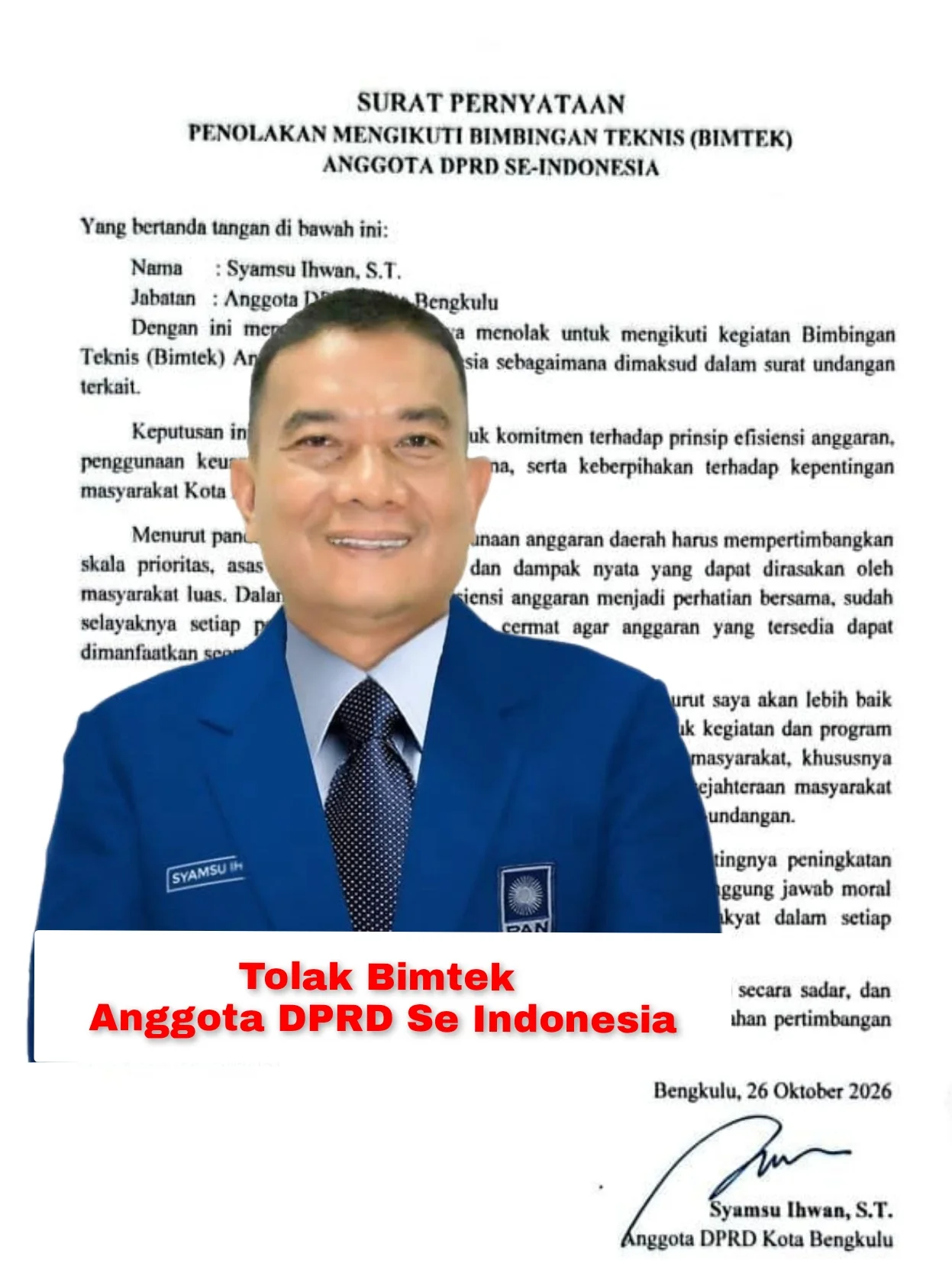 Anggota DPRD Kota Bengkulu Tolak Bimtek se-Indonesia, Ini Alasannya
